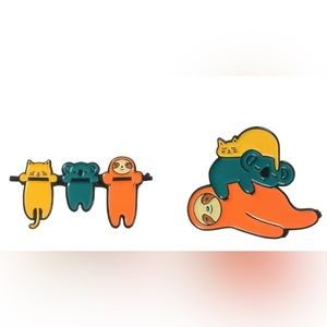 New Set of 2 Sloth & Friends pins-cat, koala & sloth hanging on & resting